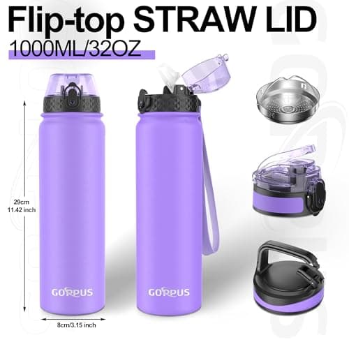 GOPPUS 1L/32oz Stainless Water Bottle with Straw Double Wall Insulated Bottles with Strap Reusable Vacuum Thermal Flask Leakproof Keep Cold Drinks Bottles with Flip Top Lid BPA Free (Purple) — view 4