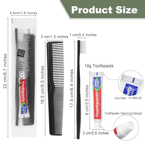 50 Pack Black Disposable Toothbrushes with Toothpaste and Comb Set,10g Toothpaste,7inch Hair Comb,Individually Wrapped Disposable Travel Hotel Toothbrush Set for Homeless,Hotel,Charity — view 4