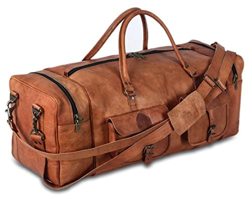 KPL Large 32 Inch Sports Bags for Men Leather Travel Bag Tote Weekend Sports Night Sports Bag, Brown, L