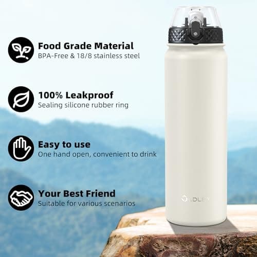 OLDLEY Stainless Steel Water Bottle with Straw 1L Vaccum Insulated Large Drink Flask Metal Water Bottles 1 Litre Leakproof Keep Drinks Hot Cold for Bike Sports Gym Adult Women Men(Cream, 1 Lid) — view 5