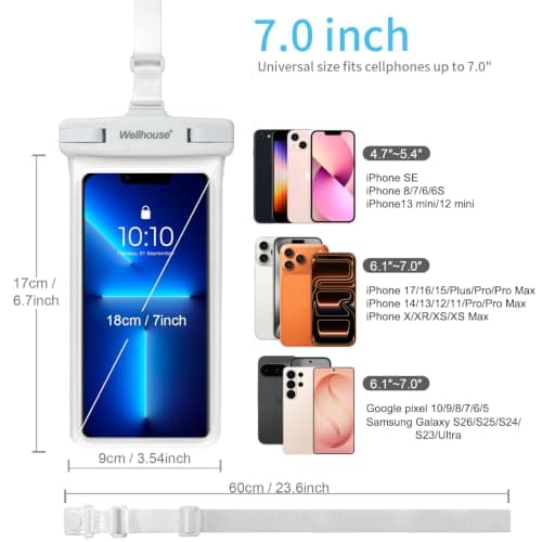 wellhouse Waterproof Phone Pouch, Waterproof Phone Case for iPhone 15 14 13 12 Pro Max XS Samsung, IPX8 3D Cellphone Dry Bag Beach Essentials White-1 Pack 7.0" — view 5