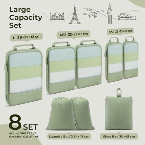 Compression Packing Cubes for Suitcases, Ultralight 8 Set Packing Cubes for Backpack Waterproof Luggage Packing Organizers Expandable for Travel Accessories and Essentials-Matcha Green — view 2