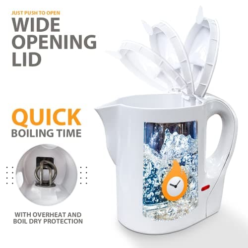 Crystals Cordless Small Plastic Electric Kettle, 1 Litre 830W Low Wattage Kettle for Bedroom Travel Camping Office, Portable Lightweight Water Tea Kettle, White/Grey — view 2