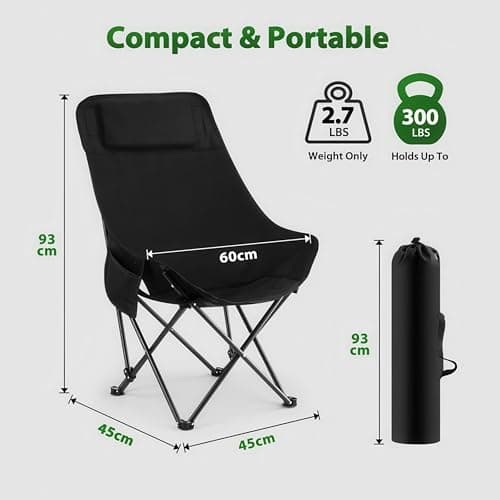 WY8 Folding Camping Chair Lightweight and Portable with Storage Bag, Heavy-Duty Steel Frame, Breathable Oxford Fabric, Ergonomic High Back Support, Compact for Hiking, Lawn, Picnic, Fishing (Black) — view 2