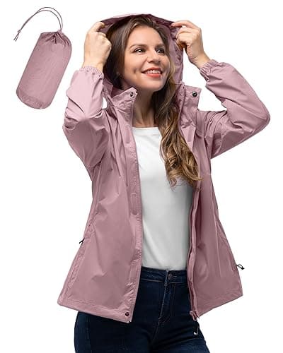 33,000ft Women's Lightweight Rain Jackets Hooded Breathable Packable Running Raincoats Active Trench Windbreaker with Hideaway Hood for Cycling Hiking (Dried Rose-L/UK 14)