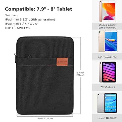 NIDOO 8 Inch Water-Resistant Laptop Sleeve Case Protective Bag Portable Carry for 8" iPad mini 6/7.9" iPad mini 45 4/8" Smart Tab M8 / 8.7" Galaxy Tab A7 Lite / 8" MatePad T 8 Kids Edition, Black — view 2