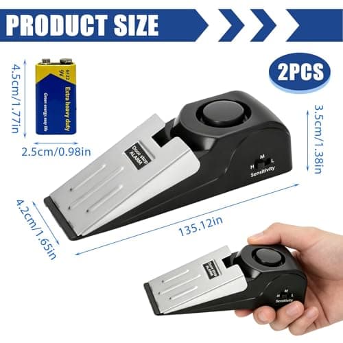 Portable Door Lock Travel Safety Kit, Hotel Security Device with 2 Door Wedge Alarm 120dB Adjustable Sensitivity Non Slip Stopper for Hotel Room Home Apartment Solo Travelers Protection — view 2