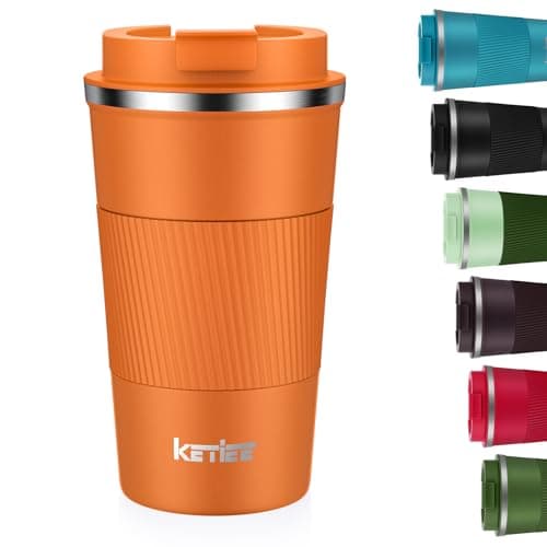 KETIEE Insulated Travel Coffee Mug With Leakproof Lid - Double Walled Stainless Steel Cup for Hot and Cold Drinks - 510ml, Orange Brown