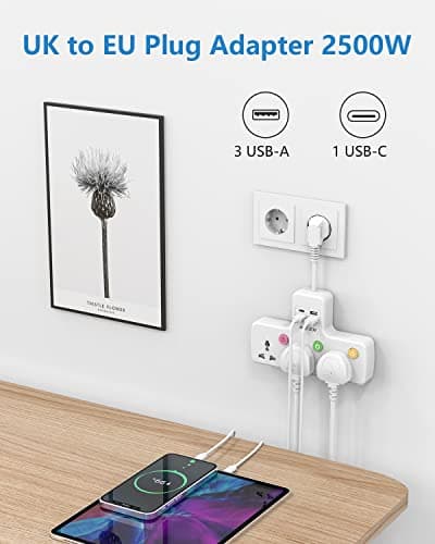 Travel Plug Extension, UK To EU Multi Plug with USB, 3 Way Individual Switched Sockets with USB C Extension Cord (10A/2500W) — view 2