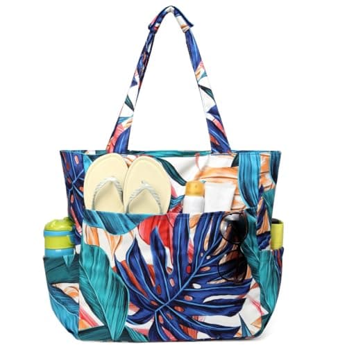 Kasgo Medium Beach Bags for Women with Zip, 22L Holiday Tote Bag Palm Leaf