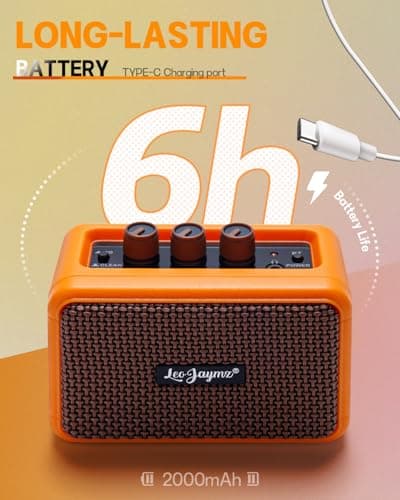 Leo Jaymz 5W Mini Guitar Amp, Portable BT Electric Guitar Amplifier, Dual Speaker Rechargeable, Clean & Overdrive Tone, Headphone Jack for Home Bedroom Travel Practice (Orange) — view 3