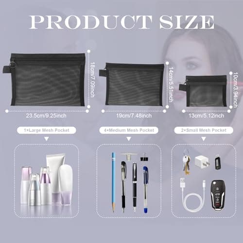NVGVUP 7 Pack Small Mesh Mini Zipper Toiletry Makeup Bags, Black — view 2