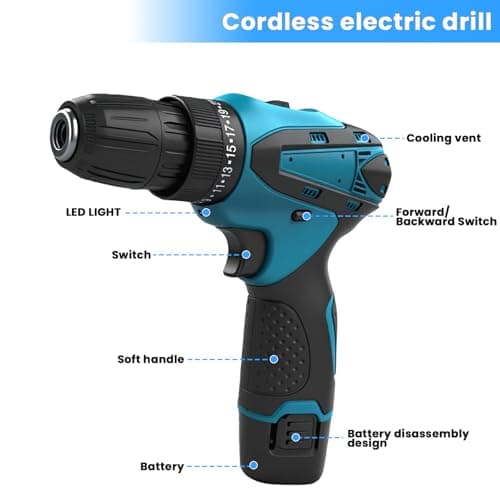 Cordless Drill Set, 12V Lightweight Electric Screwdriver Driver, Electric Power Drill with Battery & Charger, 25+1 Torque, 2 Speed, 3/8" Keyless Chuck, Tool Kit for Home DIY — view 3