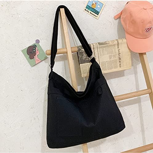 Laneko Cotton Tote Handbag Women Canvas Crossbody Beach Bag Hobo Crossbody Shoulder Bags Shopping Tote Bag with 3 External Pocket,Zipper Closure — view 2