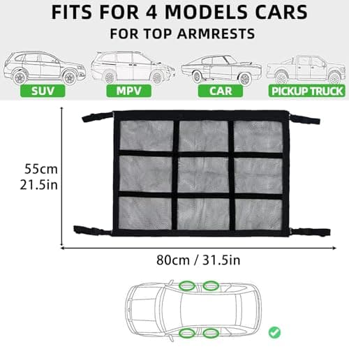 CCAIPU Car Ceiling Cargo Storage Net Pocket, Adjustable Double-Layer Mesh Storage Net Car Roof Organizer Long Trip Ceiling Storage Net for Car, SUV, Van (Black, 80*55cm) — view 3