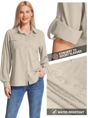 Faysfad Women's Safari Shirt UPF 50 UV Sun Protection Quick Dry Shirts Long Sleeve Hiking Walking Fishing Outdoor Travel(5081,Light Khaki,L) — view 4