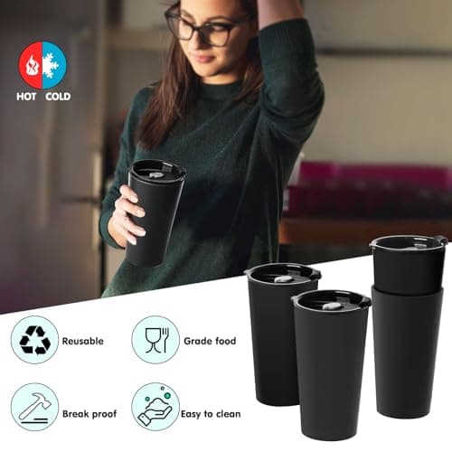 Greentainer Travel Mugs with Lids, Plastic Large Unbreakable Coffee Cups, 600ml Reusable to Go Camping Coffee Tumbler for Cold Water, Beer, Milk, Dishwasher & Microwave Safe, Set of 4 — view 3