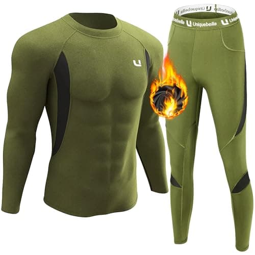 UNIQUEBELLA Mens Thermal Underwear Set Long Sleeve Tops Long Johns Thermal Base Layer Bottom Fleece Lined Quick Drying, Green 1, M
