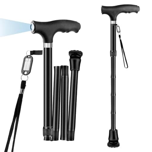 Folding Walking Stick with Light, OOCOME Foldable Walking Sticks for Men & Women Seniors Walking Aids Collapsible Walking Cane with Non-Slip Base Adjustable Height 77cm-90cm