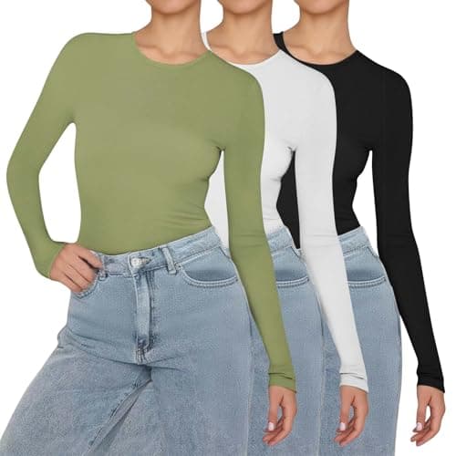 XOUSAEKM Womens 3 Pack Long Sleeve Tops Stretch Fitted Crewneck Jumpers Thermal Base Layer Tops Slim Fit Warm Underwear Lightweight Breathable & Easy Care Shirts Ladies Fall Winter Soft Pullover — view 2