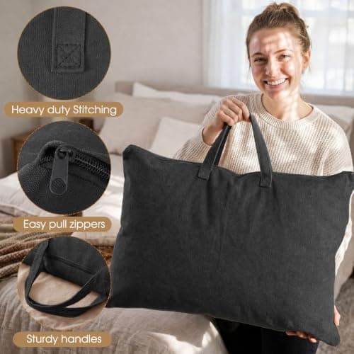 2 Pack Travel Pillow and Blanket Bags, 100% Cotton Canvas Pillow Storage Bag with Handles, Heavy Duty Breathable Organizer for Bedding Linens, Pillow Bag for Traveling(2,Black,20"x36") — view 5