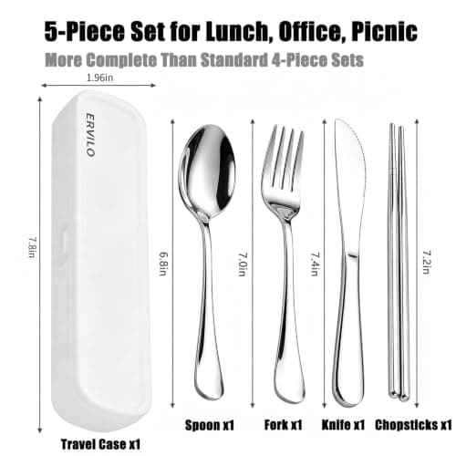Travel Cutlery Set with Case, Stainless Steel Camping Utensils, Reinforced Case with Snap-Lock Closure, Include Fork Spoon Knife Chopsticks, Portable Lunch Box Silverware for Picnic Office, Silver — view 3