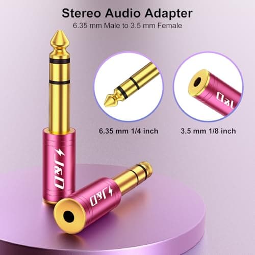 J&D 5-Pack 1/4 to 1/8 Headphone Adapter, 6.35 mm to 3.5 mm Stereo TRS Male to Female, Gold-Plated 3.5mm Plug Jack Connector for Guitar, Amp, Keyboard, Bass, Red — view 2