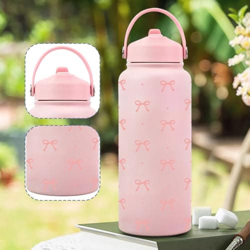 Insulated Bottle,1L Bow Pattern Stainless Steel Vacuum Flask - Leakproof Water Bottles with Straw - for Coffee, Drinks, Sports, Home, Travel — view 3