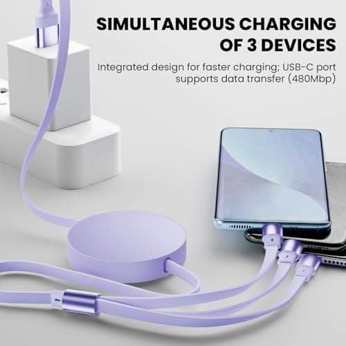 Diyuna Fast USB Multi Charger Cable, 120W 3 in 1 Multi Charging Cable with USB A/C, Charging Cable for Multiple Devices, Retractable Charger Cable Compatible for Phone, Pad, Laptop, Galaxy (Purple) — view 2