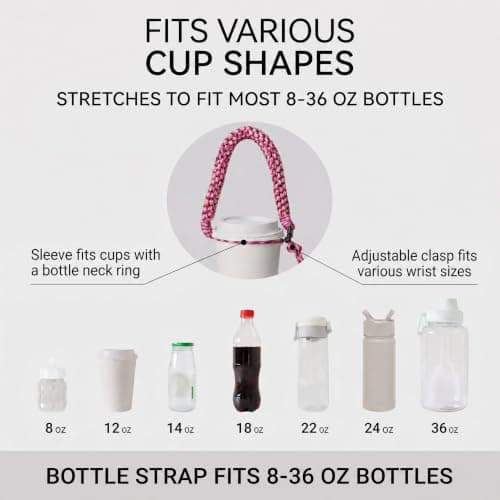 Hnycsir Braided Cup Carrier Strap, Adjustable Water Bottle Takeaway Coffee Cup Handle with Quick-Release Buckle,Portable Woven Drink Holder for 8–36 oz Bottles,Commuting,Walking,Camping (Pink Mix) — view 5