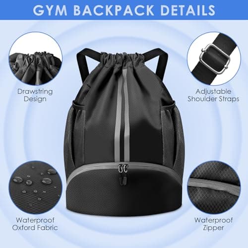 BROTOU Unisex Drawstring Backpack, Waterproof Gym Bag, Large Oxford PE Pack, Students School Backpack, Durable Sports Ball Bag, with Shoe Bag (A, Black) — view 4