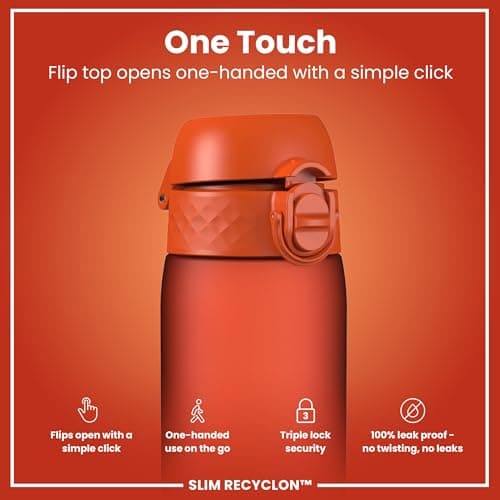 Ion8 Water Bottle, 500 ml/18 oz, Leak Proof, Easy to Open, Secure Lock, Dishwasher Safe, BPA Free, Hygienic Flip Cover, Carry Handle, Fits Cup Holders, Easy Clean, Carbon Neutral, Hearty Orange — view 3
