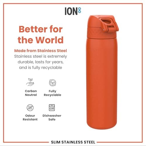 Ion8 Lightweight Steel Water Bottle, 600 ml/20 oz, Non-Insulated, Leak Proof, Easy to Open, Secure Lock, Dishwasher Safe, Flip Cover, Fits Cup Holders, Carry Handle, Metal Water Bottle, Hearty Orange — view 5