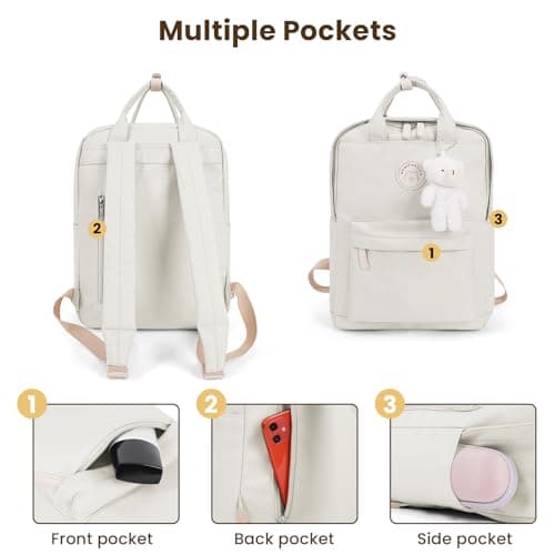 TIAASTAP Aesthetic Backpack School Bags for Girls Kawaii School Backpack with Cute Pendant Preppy School Bag for Kids Boys Teenage Primary Secondary Middle School (White) — view 3