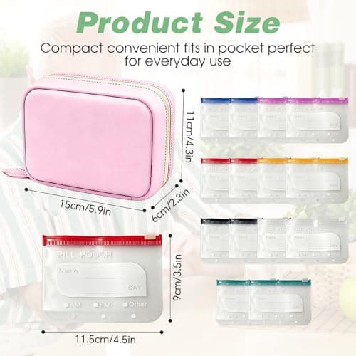 Waterproof Pill Organiser Pouch Set for Travel, 14 Removable Colour-Coded Bags Easy to Label & Refill, Storage Organizer for Medication Vitamins Fish Oils (Pink) — view 2