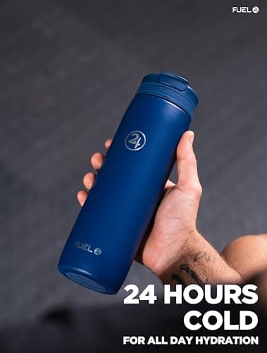 Fuel24 Duo - Stainless Steel Water Bottle 700ml or 1L - Vacuum Insulated Metal Flask with Straw (Dual use Lid) 1 Litre - for Sports, Gym, Work – Slim Design (Midnight, 1000 ml) — view 6
