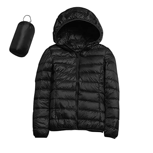 Womens Winter Lightweight Puffer Jacket with Hood Warm Short Packable Women Quilted Jacket Transitional Padded Down Jacket for Ladies Lined for Hiking Travel Plus Size Thin Jacket Down Black