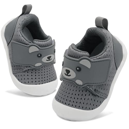 JOINFREE Baby Walking Wide Shoes Infant Boys Girls Breathable Barefoot Shoes Crib Tennis Shoes Lightweight Non-Slip Sneakers First Walkers All Grey 12-18Months