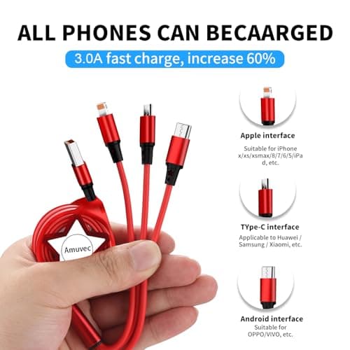 Amuvec 2 Pack 3 in 1 Retractable Charger Cable, 3A Fast Charge Red Cord 1M — view 3