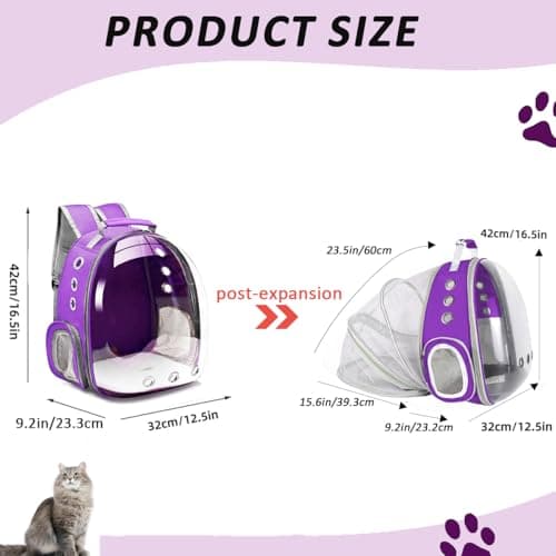 ZHUIYIWIN Cat Carrier Backpack, Expandable Cat Carrier Backpack, Ventilated Cat Bubble Backpack for Pet, Pet Carrier for Travel Hiking Walking Camping (Purple, Rear Extension) — view 2