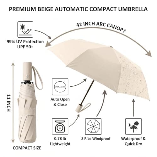 BAODINI Small UV Protection Travel Umbrella Compact for Rain and Sun UPF 50+ Windproof Portable 42 inch Umbrella for Women and Men Beige — view 6
