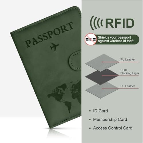 OFFCUP Passport Holder Cover, PU Leather Passport Cover and Luggage Tag Set with RFID Blocking Travel Wallet, Universal Travel Wallet Case Organiser for Money, Boarding Passes, Credit Cards Green — view 5