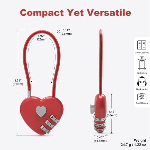 UP Security Premium Combo Lock, Combination Locks for Travel Security, Small Cable Lock for Backpack, Travel Security, Luggage, Suitcase, Bag, Anti-Theft, 3-Digit Password, No Keys (Red+Red) — view 3