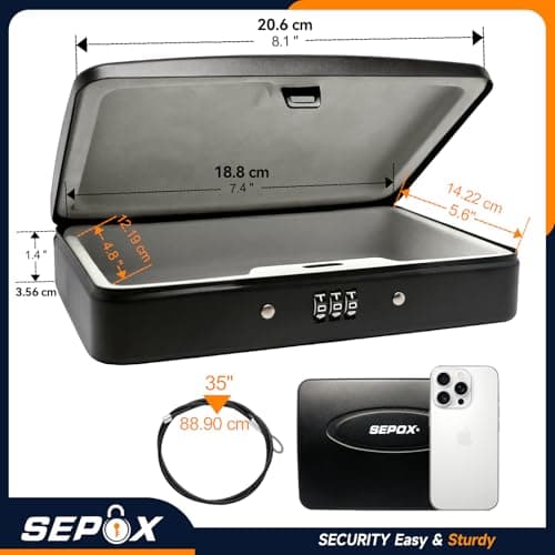 SEPOX® Water Fire Resistant Portable Security Lock Box, 91cm Cable, Combo — view 6
