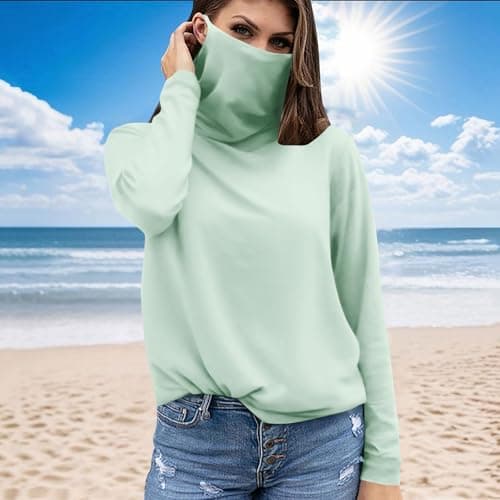 Slxbear Mint Green Rash Guard for Women with Face Mask, Outdoor UPF Sun Protection Shirts, Breathable Long Sleeve Shirt Hiking Workout Tops, Active Athletic Comfy Skinny Travel Clothing L — view 2