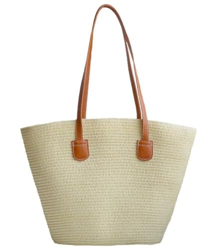 NTUOCAW Straw Beach Bag for Women Summer Beach Bag Large Beach Tote Bag Woman Shoulder Bag for Beach Travel Shopping Vacation Swim Pool Holiday Essentials Beach Tote Bags with Zipper (45cm*30cm*14cm)