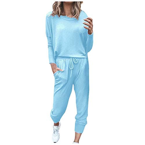 Womens Airport Travel Outfit Women's Two-Piece Loungewear Set, Long Sleeve Casual Tracksuit, Solid Colour, Drawstring Jogger Pants with Pockets Round Neck Top Pullover for Workout 2026 (Sky Blue, L)