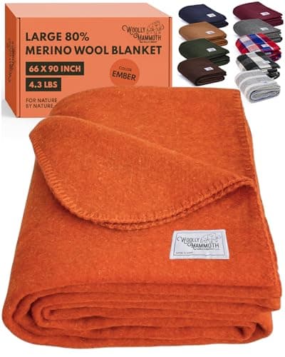 Woolly Mammoth Woolen Company Merino Wool Camping Blanket - 66 x 90 in, Orange - Hiking & Survival Companion & Camping Quilt - Portable & Compact Travel Duvet - Fire Retardant & Outdoor Quilt Blanket