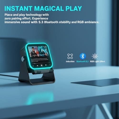 5-in-1 Wireless Induction Bluetooth Speaker with Adjustable Phone Stand, 5000mAh Power Bank for Android and iPhone, Hi-Fi Stereo Sound & 8 RGB Light Modes, Portable Audio Dock for Tablet (Black) — view 2