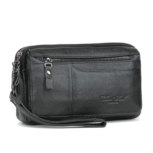 Men Clutch Bag Leather Wrist Purse for Men Women Travel Outdoor Business Organizer Wristlet Strap Pouch Coin Money Wallet Handbag Daypack Black